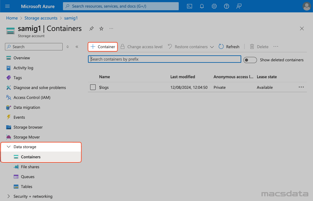 Storage account create container