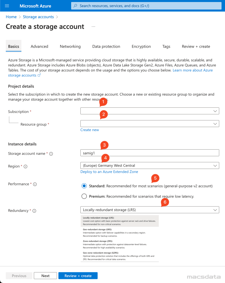 Create storage account Basics