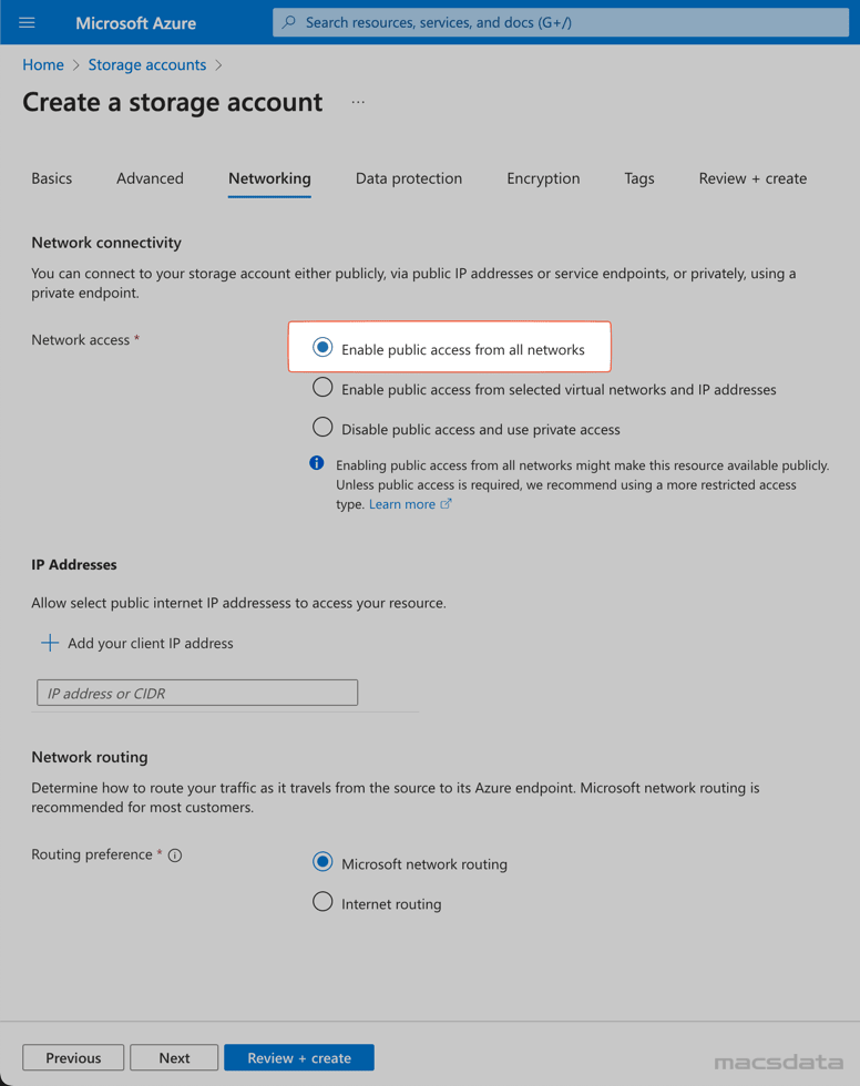 Create storage account Networking