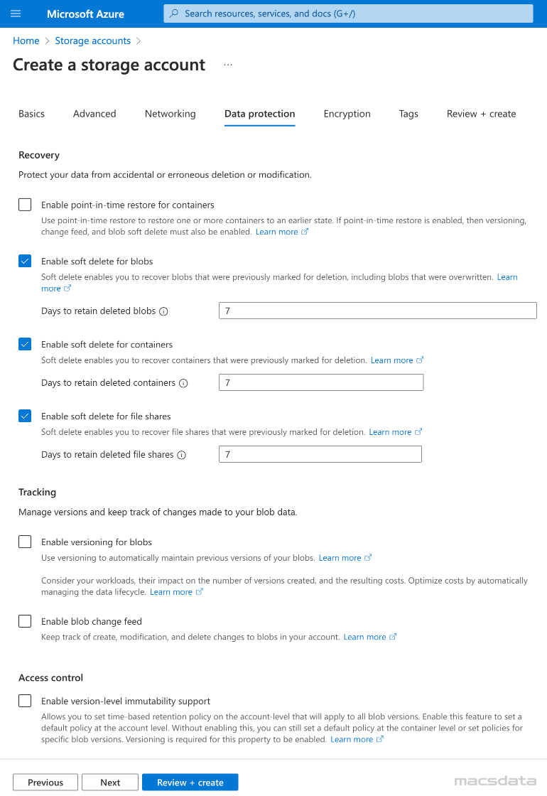 Create storage account Data protection