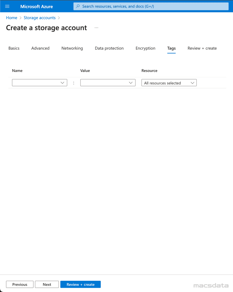 Create storage account Tags