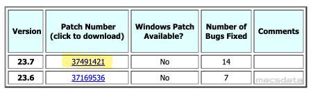 Screenshot of 23ai patch selection page